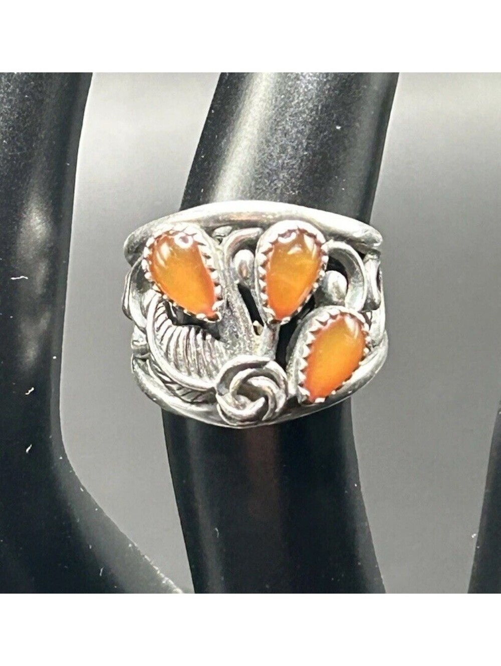 Vintage Southwestern Sterling Silver Filigree 3 Stone Amber Ring Size 5 1980’s